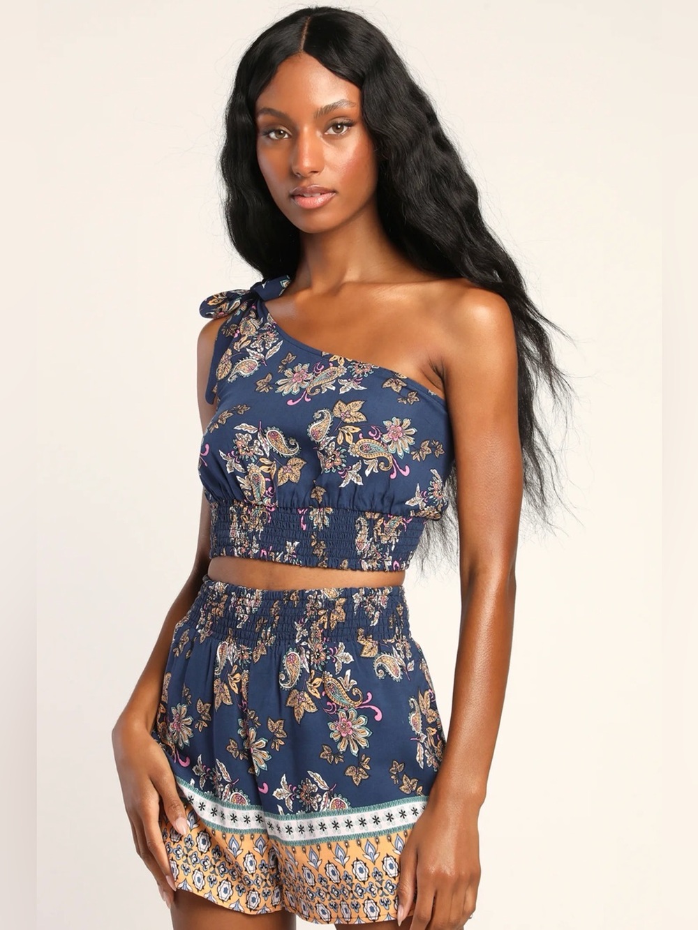 Just Believe Navy Blue Multi Print One Shoulder Two Piece Romper